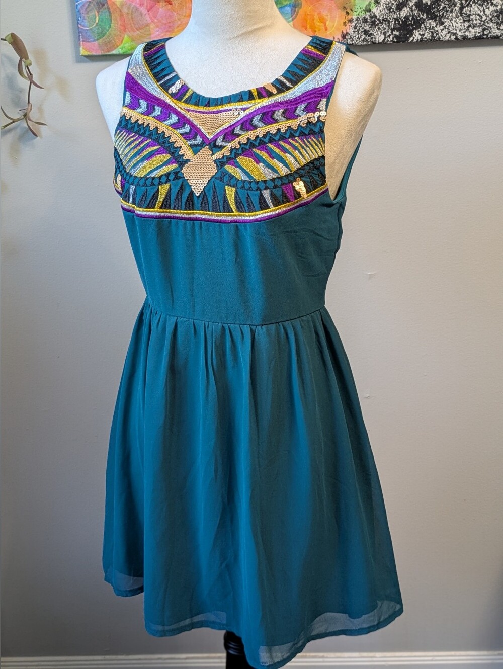 Tribal style teal dress